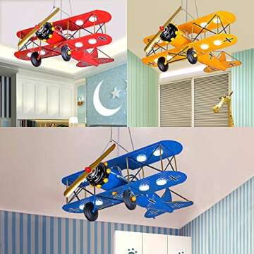 LITFAD Airplane Modern Art Deco Pendant Light Cartoon Biplane 8 Lights Chandelier Navy Blue Metal LED Suspended Light for Amusement Park Living Room Boys Bedroom Children's Room