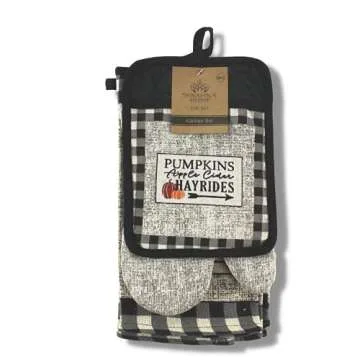 Serafina Home Farmhouse Black White Check Kitchen Towels and Pot Holder Set: Country Pumpkin Apple Cider and Hayrides Invitation, 2 Woven Faux Burlap Towels with Matching 1 Pot Holder and 1 Oven Mitt
