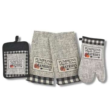 Serafina Home Farmhouse Black White Check Kitchen Towels and Pot Holder Set: Country Pumpkin Apple Cider and Hayrides Invitation, 2 Woven Faux Burlap Towels with Matching 1 Pot Holder and 1 Oven Mitt