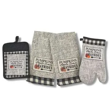 Serafina Home Farmhouse Black White Check Kitchen Towels and Pot Holder Set: Country Pumpkin Apple Cider and Hayrides Invitation, 2 Woven Faux Burlap Towels with Matching 1 Pot Holder and 1 Oven Mitt