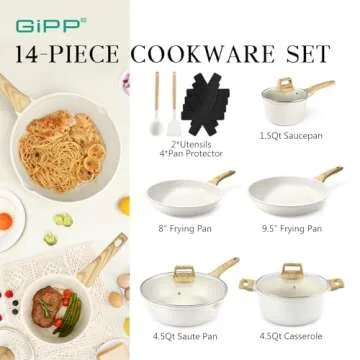 GiPP 14-Piece Nonstick Cookware Set - White Granite Kitchen Essentials