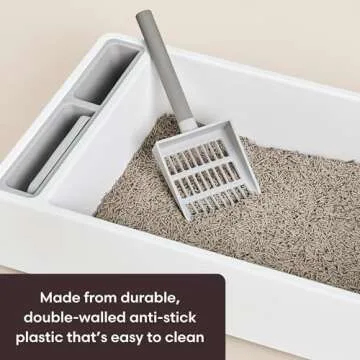 Tuft + Paw Cove Litter Box, High Sided Open Top Designer Litter Box for Large Cats, Built-in Scoop, Brush & Dustpan, Anti-Stick Plastic, Privacy Walls - White/Gray