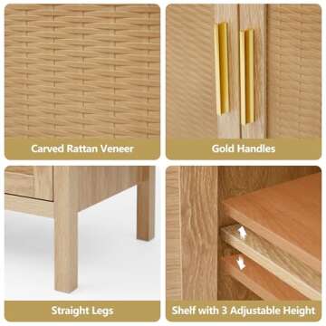 affeivul Mid Century Sideboard Cabinet, Rattan Sideboard Buffet Cabinet with Storage 2 Doors and 2 Shelves, Kitchen Sideboard Cabinet/Dining Room Credenza, for Entryway Shoe, Living Room Under TV