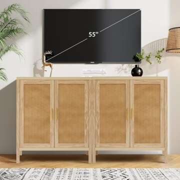 affeivul Mid Century Sideboard Cabinet, Rattan Sideboard Buffet Cabinet with Storage 2 Doors and 2 Shelves, Kitchen Sideboard Cabinet/Dining Room Credenza, for Entryway Shoe, Living Room Under TV