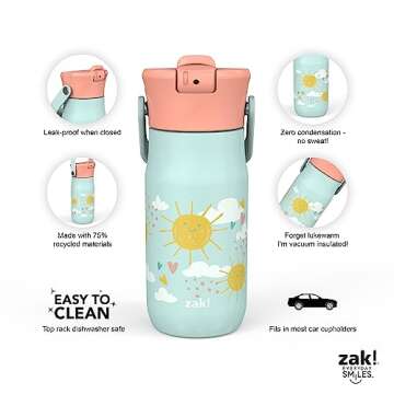 Zak Designs Harmony Kid Water Bottle for Travel or At Home, 14oz Recycled Stainless Steel is Leak-Proof When Closed and Vacuum Insulated (Happy Day)