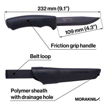 Morakniv Carbon Steel Fixed-Blade Bushcraft Knife with Sheath, Black, 4.3 Inch