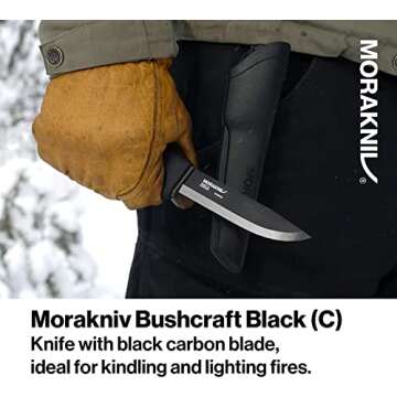 Morakniv Carbon Steel Fixed-Blade Bushcraft Knife with Sheath, Black, 4.3 Inch