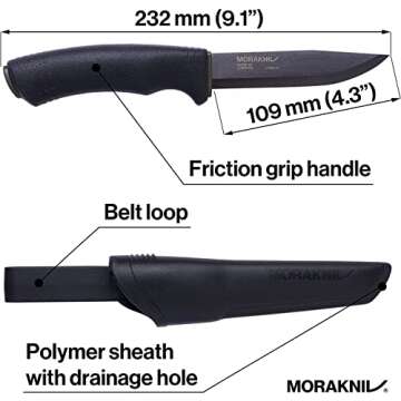 Morakniv Carbon Steel Fixed-Blade Bushcraft Knife with Sheath, Black, 4.3 Inch