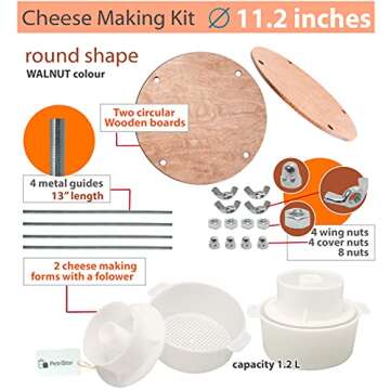 PetriStor Wooden Cheese Press for Cheese Making Supplies Diameter 11 in Metal Guides Walnut and 2 Ch...