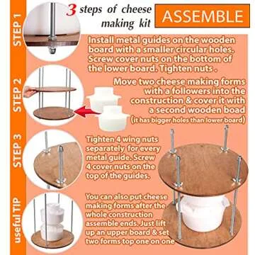 PetriStor Wooden Cheese Press for Cheese Making Supplies Diameter 11 in Metal Guides Walnut and 2 Cheese Mold with Follower Piston 1.3 Qt - Home Supply Ultimate Cheese Press - Prensa Para Queso