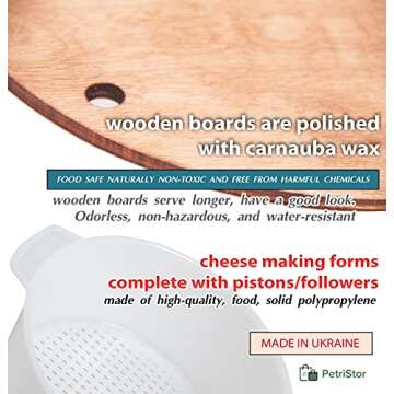 PetriStor Wooden Cheese Press for Cheese Making Supplies Diameter 11 in Metal Guides Walnut and 2 Cheese Mold with Follower Piston 1.3 Qt - Home Supply Ultimate Cheese Press - Prensa Para Queso