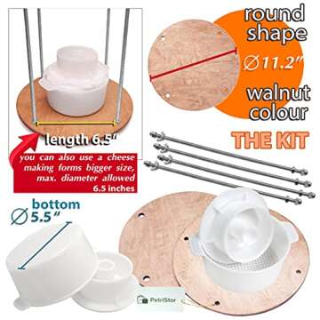 PetriStor Wooden Cheese Press for Cheese Making Supplies Diameter 11 in Metal Guides Walnut and 2 Cheese Mold with Follower Piston 1.3 Qt - Home Supply Ultimate Cheese Press - Prensa Para Queso