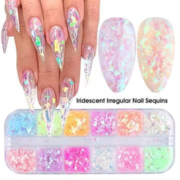 Mermaid Flake Nail Glitter Sequins, CHANGAR Iridescent Ice Slag Nail Glitter Colorful Fluorescent Glass Paper Nail Sticker Holographic Nail Glitter for Make Up DIY Nail Decoration