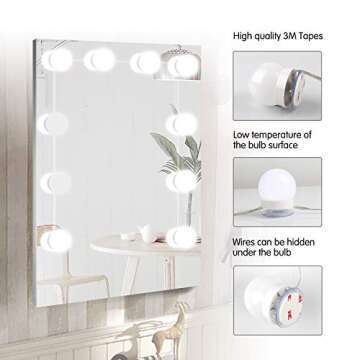 Minetom Vanity Lights, 10 Pcs Led Vanity Makeup Light for Mirror Stick on Lights with Dimmable & 3 Color Modes Light Bulbs in Bedroom Bathroom Dressing Room (Mirror Not Included)