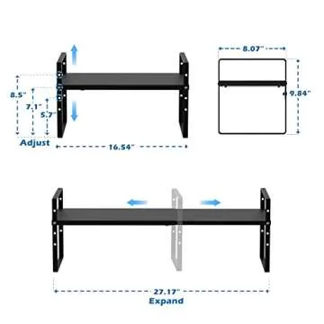 Slideep Adjustable Shelf Rack Height Cabinet Shelf 16.54'' to 27.17'', Expandable Cabinet Shelf Cupboard Stand Kitchen Bathroom Pantry Cupboard Home Office for Cups, Dishes, Plates - Black