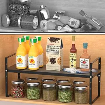 Slideep Adjustable Shelf Rack Height Cabinet Shelf 16.54'' to 27.17'', Expandable Cabinet Shelf Cupboard Stand Kitchen Bathroom Pantry Cupboard Home Office for Cups, Dishes, Plates - Black