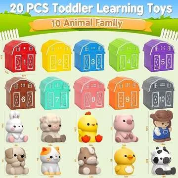 Learning Toys for 1,2,3 Year Old Toddlers, 20Pcs Farm Animals Barn Toy Montessori Counting, Matching & Sorting Fine Motor Games, Christmas Birthday Easter Gift for Baby Boys Girls Age 12-18 Months