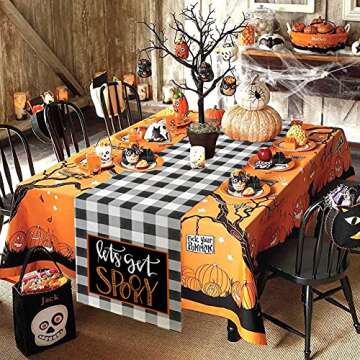 CROWNED BEAUTY Halloween Table Runner 13 x 72 Inch Rustic Let's Get Spooky Buffalo Plaid Holiday Din...