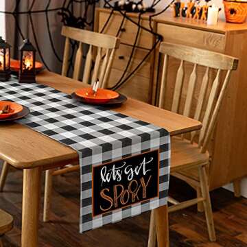 CROWNED BEAUTY Halloween Table Runner 13 x 72 Inch Rustic Let's Get Spooky Buffalo Plaid Holiday Dining Tabletop Decoration for Indoor Outdoor Dinner Party CT050-72