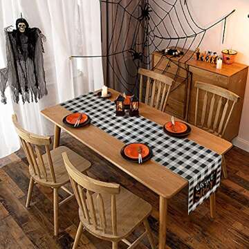 CROWNED BEAUTY Halloween Table Runner 13 x 72 Inch Rustic Let's Get Spooky Buffalo Plaid Holiday Dining Tabletop Decoration for Indoor Outdoor Dinner Party CT050-72