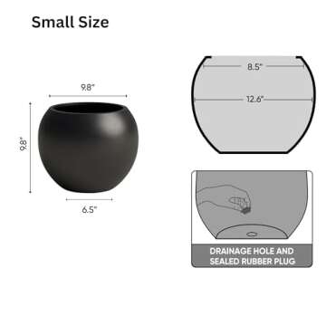 DTY Signature Mount Sherman Lightweight, Durable Modern Fiberstone Sphere Planter for Indoor/Outdoor, Drainage Hole with Rubber Plug, Weather Resistant, 10" H x 13" Dia, 8" Pot Opening - Small, Black