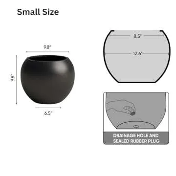 DTY Signature Mount Sherman Lightweight, Durable Modern Fiberstone Sphere Planter for Indoor/Outdoor, Drainage Hole with Rubber Plug, Weather Resistant, 10" H x 13" Dia, 8" Pot Opening - Small, Black