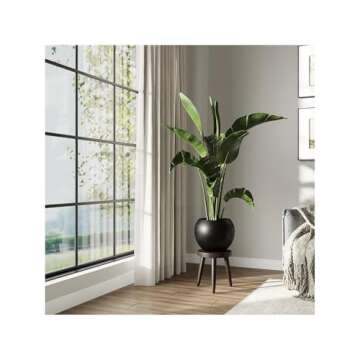 DTY Signature Mount Sherman Lightweight, Durable Modern Fiberstone Sphere Planter for Indoor/Outdoor, Drainage Hole with Rubber Plug, Weather Resistant, 10" H x 13" Dia, 8" Pot Opening - Small, Black