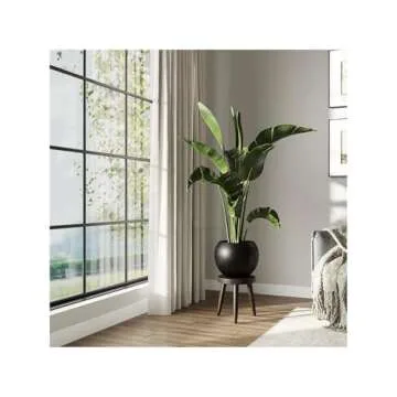 DTY Signature Mount Sherman Lightweight, Durable Modern Fiberstone Sphere Planter for Indoor/Outdoor, Drainage Hole with Rubber Plug, Weather Resistant, 10" H x 13" Dia, 8" Pot Opening - Small, Black