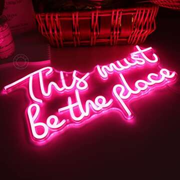 SYLHOME Pink This Must Be The Place Led Neon Light Sign USB Girls Bedroom Kids Room Wall Decor Sign Wedding Anniversaries Party Salon Bar 17"X9.4" 5V Christmas Birthday Gifts