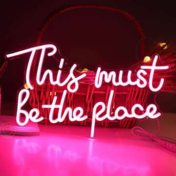 SYLHOME Pink This Must Be The Place Led Neon Light Sign USB Girls Bedroom Kids Room Wall Decor Sign Wedding Anniversaries Party Salon Bar 17"X9.4" 5V Christmas Birthday Gifts