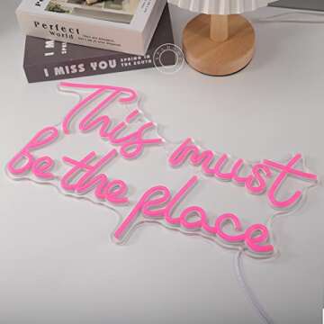 SYLHOME Pink This Must Be The Place Led Neon Light Sign USB Girls Bedroom Kids Room Wall Decor Sign Wedding Anniversaries Party Salon Bar 17"X9.4" 5V Christmas Birthday Gifts