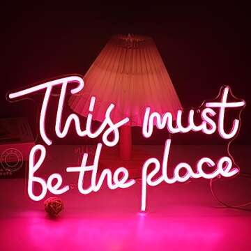 SYLHOME Pink This Must Be The Place Led Neon Light Sign USB Girls Bedroom Kids Room Wall Decor Sign Wedding Anniversaries Party Salon Bar 17"X9.4" 5V Christmas Birthday Gifts