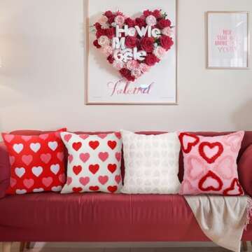FuWeave 4 Pcs Valentine's Day Throw Pillow Covers 18x18 Inch Red Pink Heart Pillow Cases Soft Heart ...