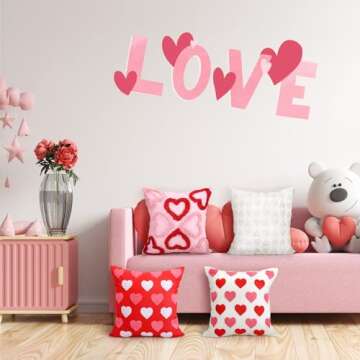 FuWeave 4 Pcs Valentine's Day Throw Pillow Covers 18x18 Inch Red Pink Heart Pillow Cases Soft Heart Shape Embroidery Cushion Covers for Valentine's Day Couch Sofa Bedroom Living Room Home Decor