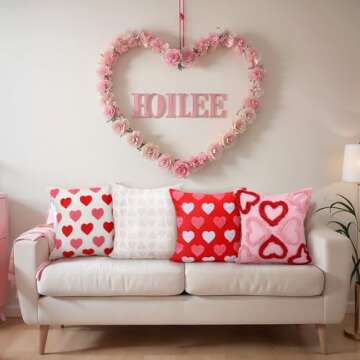 FuWeave 4 Pcs Valentine's Day Throw Pillow Covers 18x18 Inch Red Pink Heart Pillow Cases Soft Heart Shape Embroidery Cushion Covers for Valentine's Day Couch Sofa Bedroom Living Room Home Decor