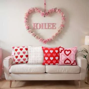 FuWeave 4 Pcs Valentine's Day Throw Pillow Covers 18x18 Inch Red Pink Heart Pillow Cases Soft Heart Shape Embroidery Cushion Covers for Valentine's Day Couch Sofa Bedroom Living Room Home Decor