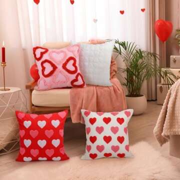 FuWeave 4 Pcs Valentine's Day Throw Pillow Covers 18x18 Inch Red Pink Heart Pillow Cases Soft Heart Shape Embroidery Cushion Covers for Valentine's Day Couch Sofa Bedroom Living Room Home Decor