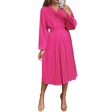 PRETTYGARDEN Women's Spring Midi Dress Long Puff Sleeve Wrap V Neck Flowy Ruffle Pleated Casual Fall...