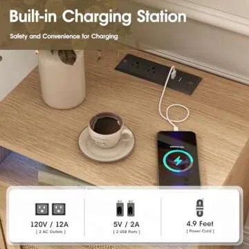 Halitaa Rattan Nightstands Set of 2 with Charging Station and Led Lights, End Tables with 2 Drawers and Wood Legs, Bedside Tables Night Stands for Bedrooms, Side Tables Living Room (2 Pack)