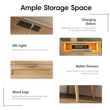 Halitaa Rattan Nightstands Set of 2 with Charging Station and Led Lights, End Tables with 2 Drawers and Wood Legs, Bedside Tables Night Stands for Bedrooms, Side Tables Living Room (2 Pack)