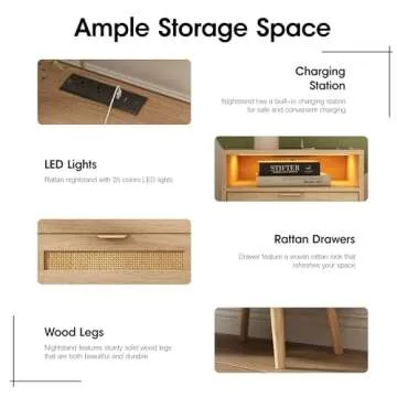 Halitaa Rattan Nightstands Set of 2 with Charging Station and Led Lights, End Tables with 2 Drawers and Wood Legs, Bedside Tables Night Stands for Bedrooms, Side Tables Living Room (2 Pack)