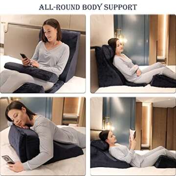 JINXIANG Wedge Pillow for Sleeping, Back and Leg Support Pillows Set of 3, Adjustable for After-Surgery, Reading, Acid Reflux, Snoring (Navy)…