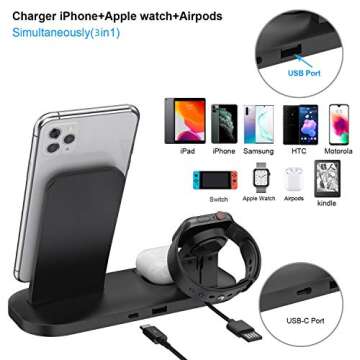 Wireless Charger 3 in 1 Wireless Charging Dock Station for Apple Airpods 2/Pro Fast Wireless Charger Stand for iPhone 11/11 Pro Max/X/XS/XR/8/8 Plus, Compatibility with Apple Watch Series 5/4/3/2/1