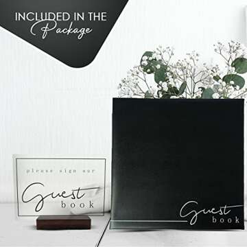 Guest Book with Complimentary Acrylic Sign and Wood Stand, Black Leatherette Wedding Guest Book, Please Sign Our Guest Book Acrylic Sign for Guest Book Wedding Reception, Blank Guest Book
