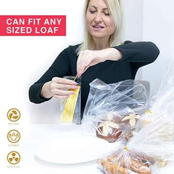 Bread Bags with Ties, Reusable,100 Clear Bags and 100 Ties, Bread Bags For Homemade Bread And Bakery Loaf Adjustable Reusable(100)