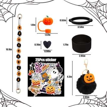 Halloween Stanley Cup Accessories Set,Personalized Charm Including Straw Cover,Handle rope,Halloween stickers,cup ring,plush pendant,Silicone Boot,Heart Buttons(Pumpkin)
