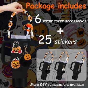 Halloween Stanley Cup Accessories Set,Personalized Charm Including Straw Cover,Handle rope,Halloween stickers,cup ring,plush pendant,Silicone Boot,Heart Buttons(Pumpkin)
