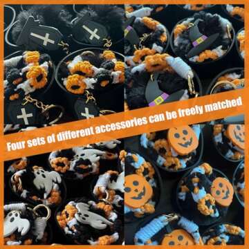 Halloween Stanley Cup Accessories Set,Personalized Charm Including Straw Cover,Handle rope,Halloween stickers,cup ring,plush pendant,Silicone Boot,Heart Buttons(Pumpkin)