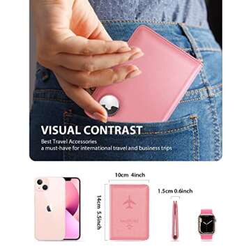 Stouchi Passport Holder with Airtag, Cute Passport Wallet for Women Travel, Leather Passport Holder Family Case, Anti-Lost, Pink