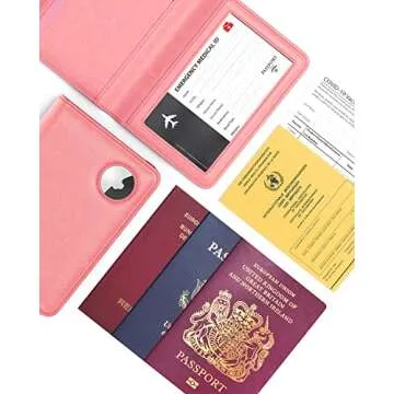 Stouchi Passport Holder with Airtag, Cute Passport Wallet for Women Travel, Leather Passport Holder Family Case, Anti-Lost, Pink